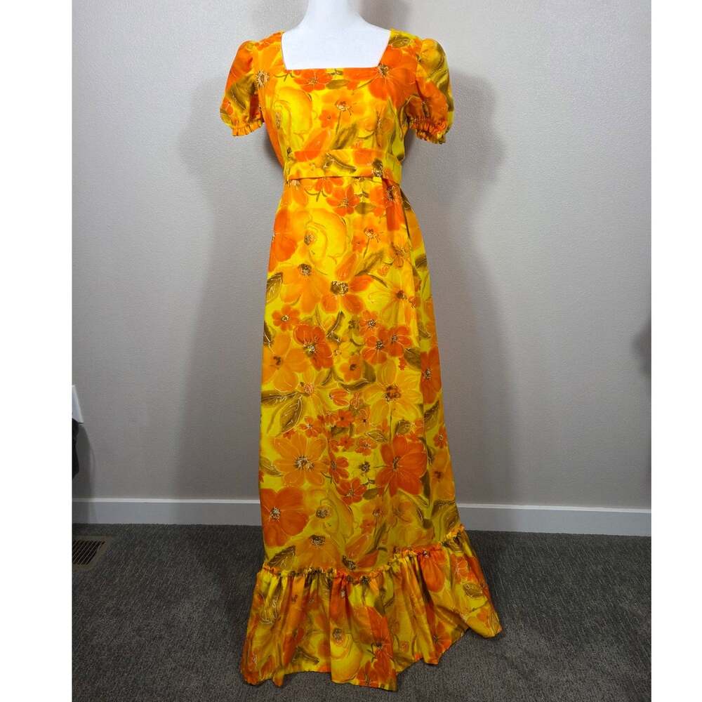 Vintage 1970's Orange & Yellow Floral Ruffle Maxi Dress Size Small